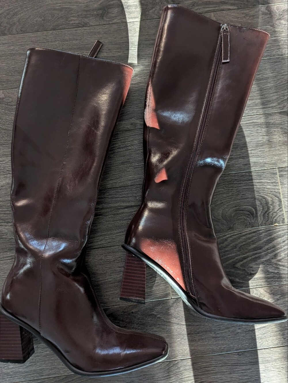 Dark Brown Square Toe Block Heel Knee High Boots